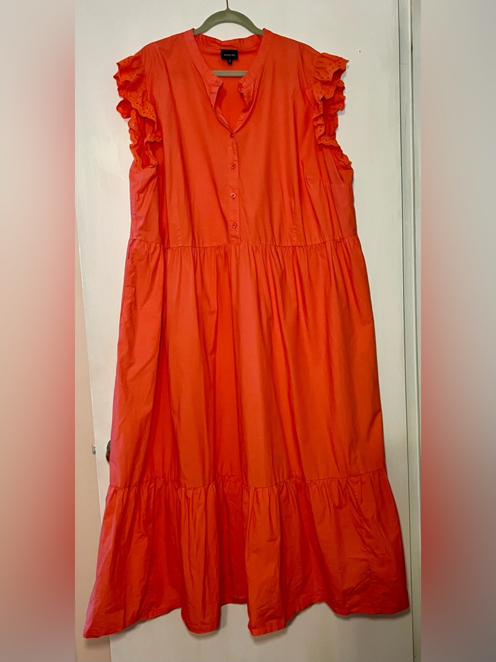 Who What Wear Peach Tiered Midi Dress Ruffle Sleeve Button Front Cotton Poplin